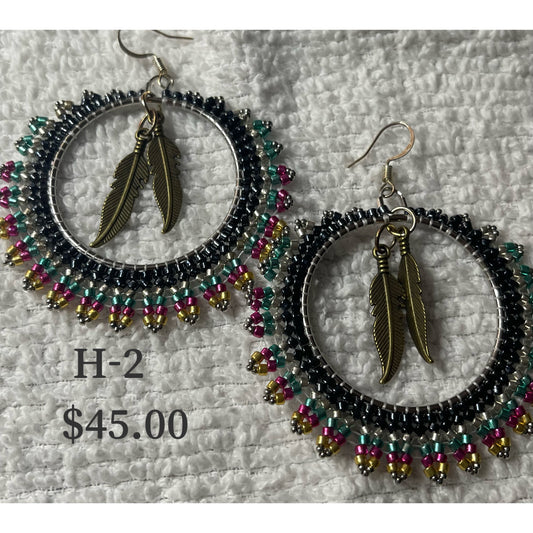 50mm Hoop Beaded Earring w/Faded Bronze Feathers